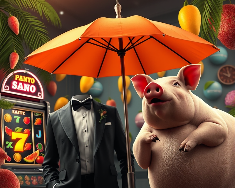 umbrella, mango, slot machine, tuxedo, pig